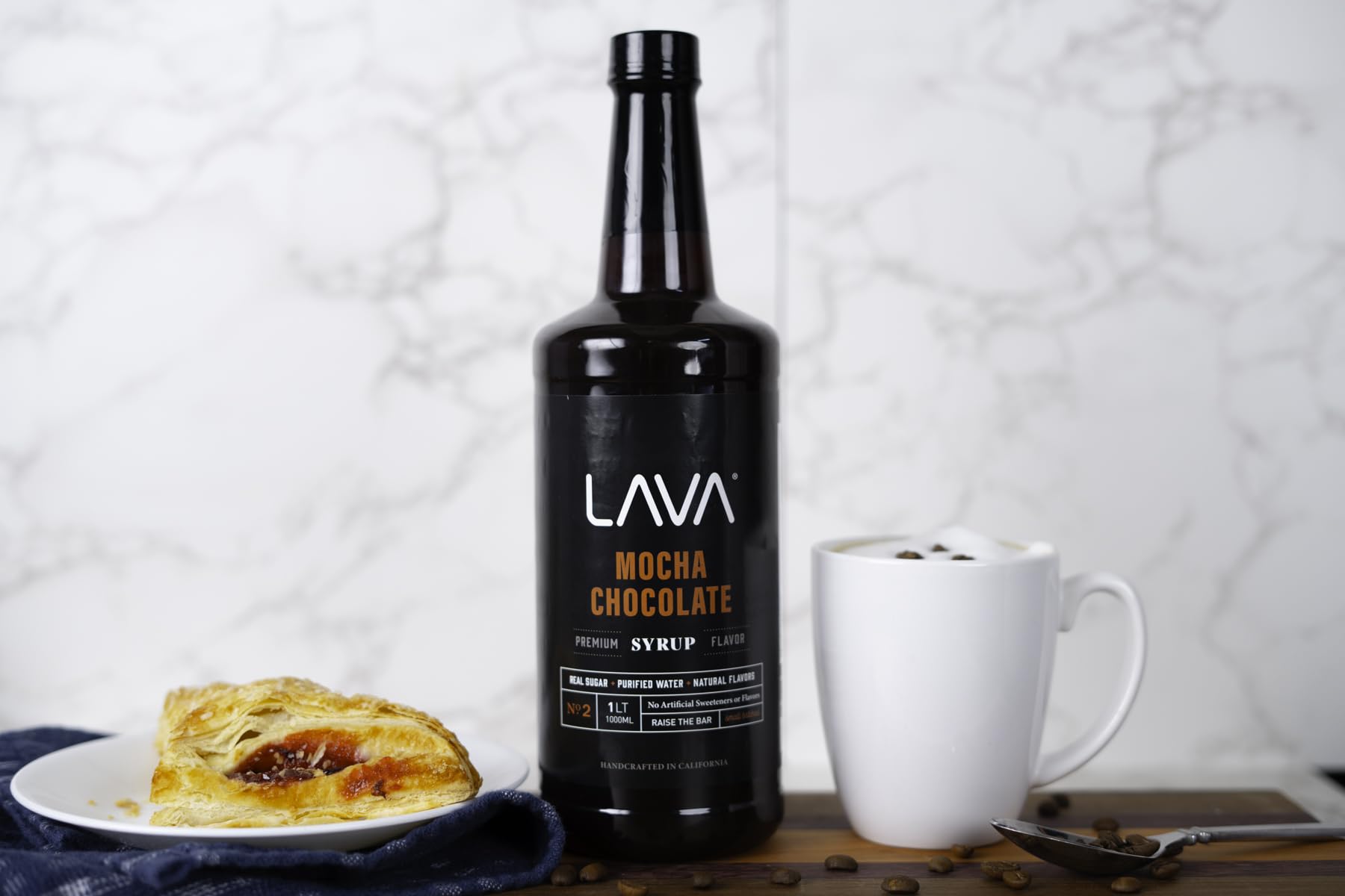 Close-up of ingredients in LAVA mocha syrup emphasizing sugar base