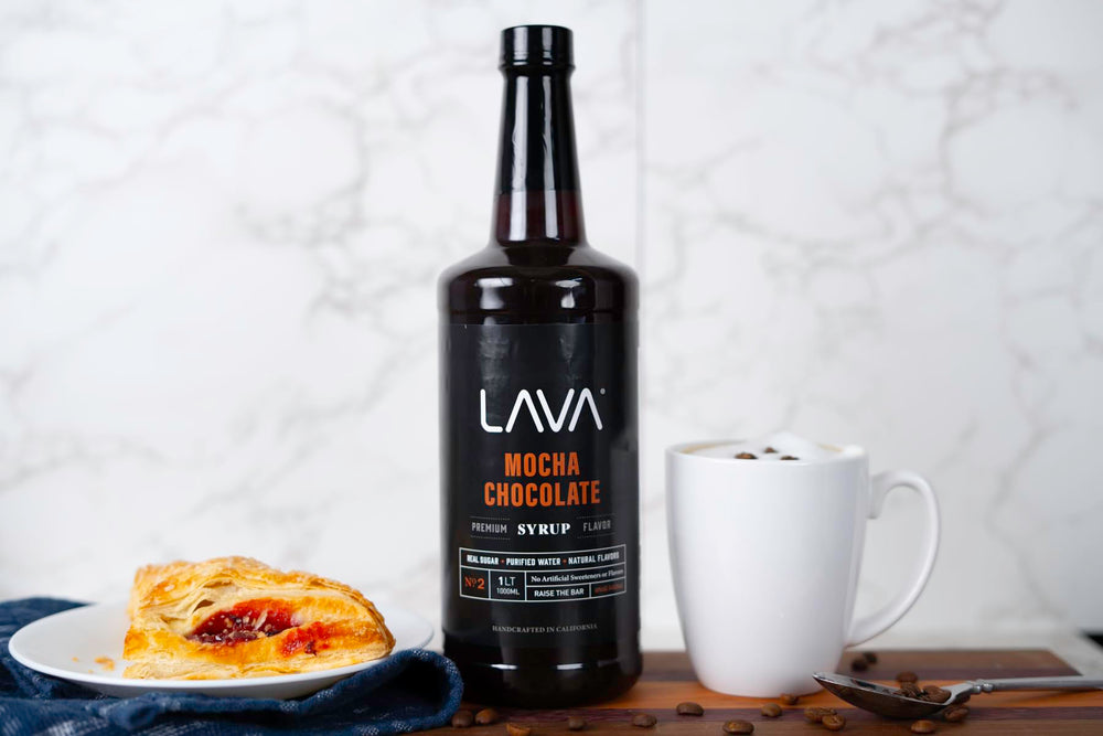 Close-up of ingredients in LAVA mocha syrup emphasizing sugar base