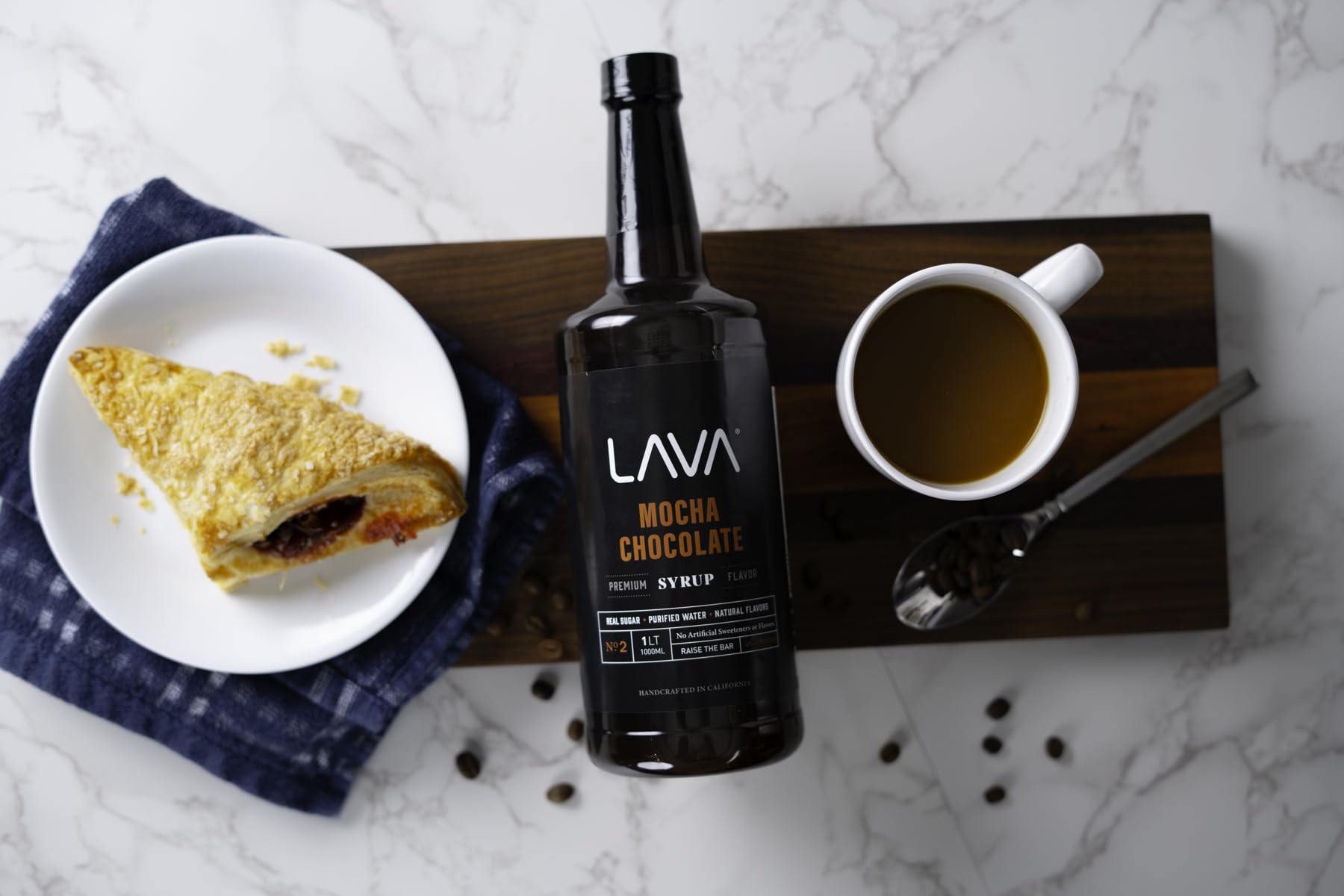 LAVA Mocha Syrup bottle showing no artificial flavors for versatile use