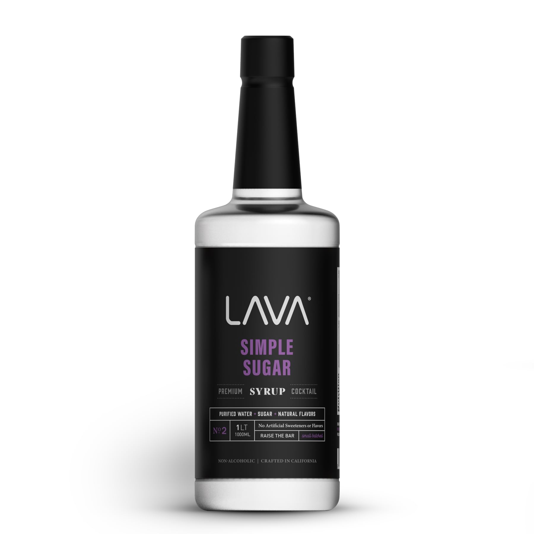 LAVA Premium Simple Syrup bottle close-up, 1-liter size for home bartending.