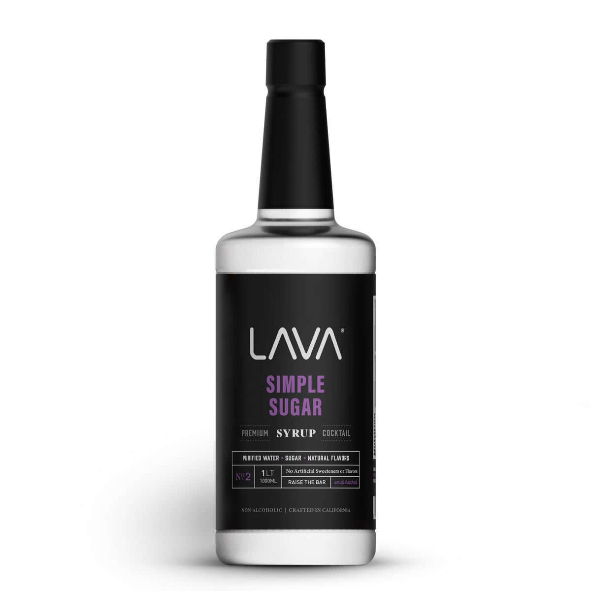 LAVA Premium Simple Syrup bottle close-up, 1-liter size for home bartending.