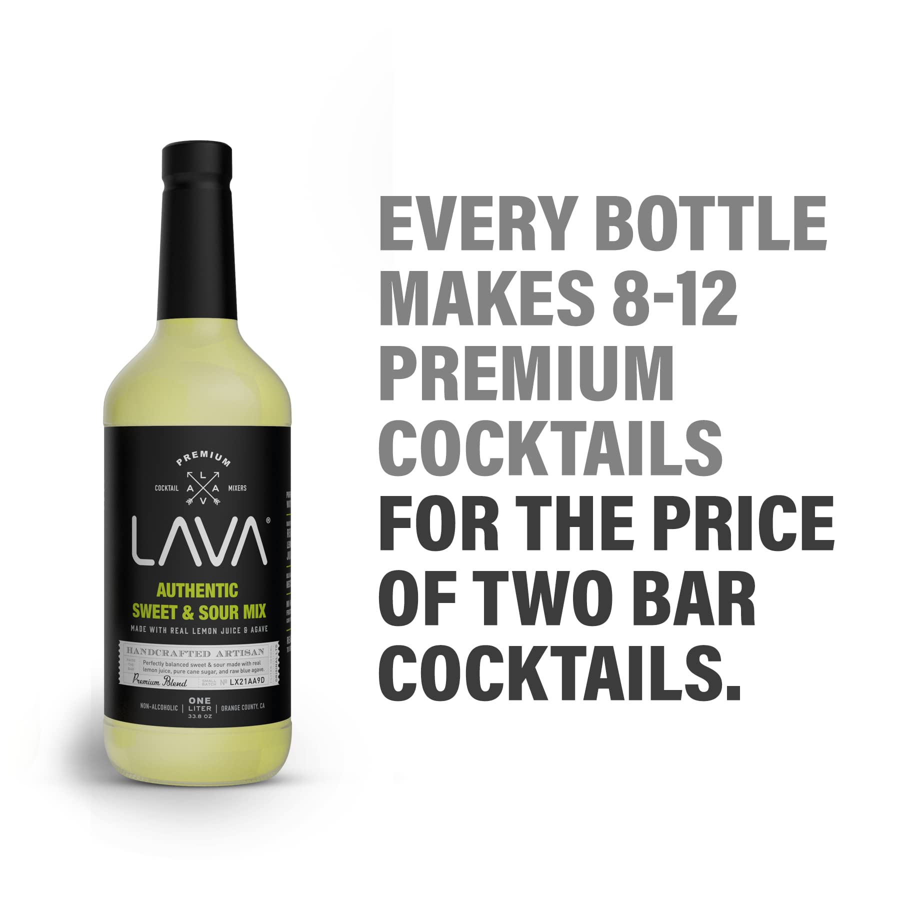 LAVA Sweet & Sour Mix bottle pour demonstrates quick, easy cocktail prep with real citrus.