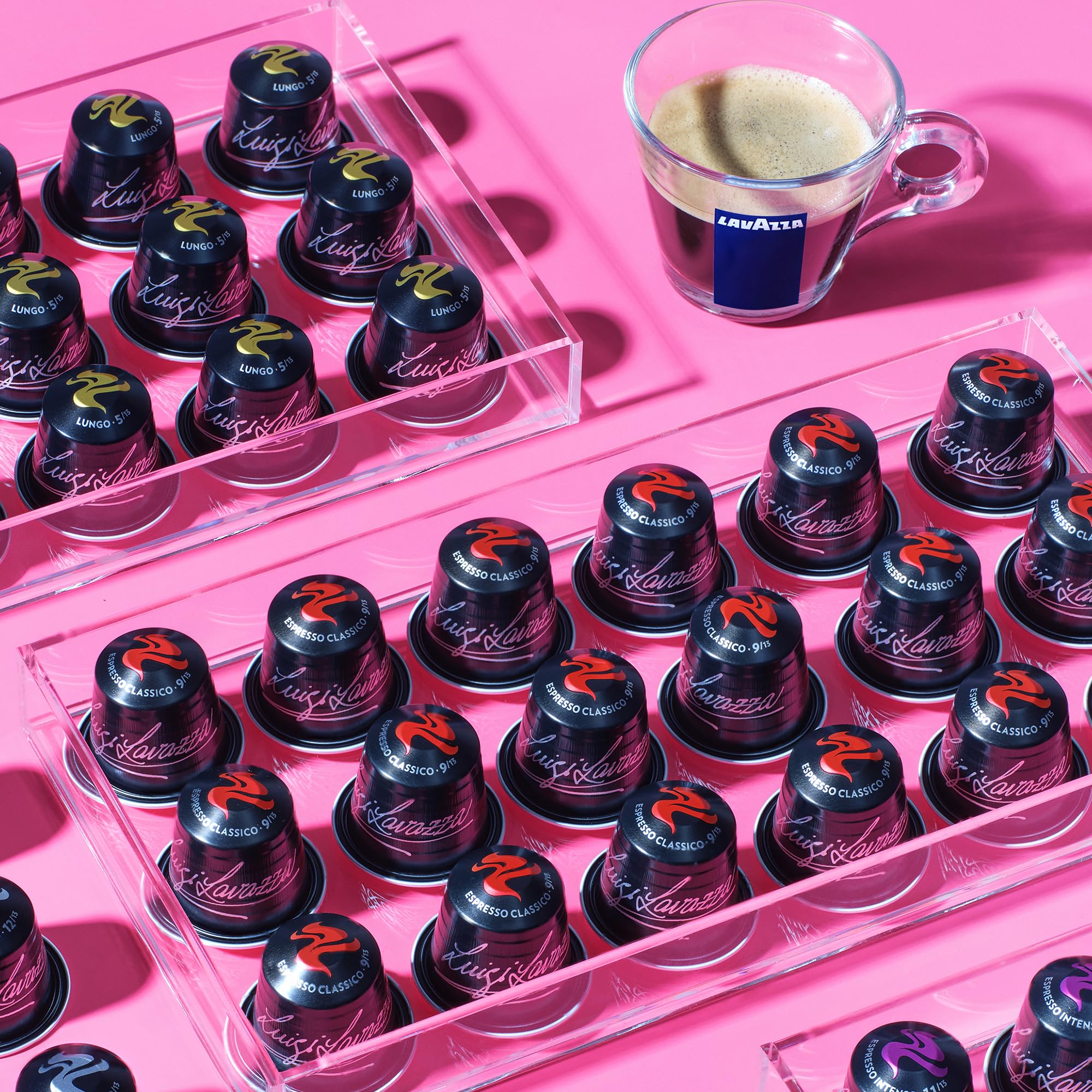 Assorted Lavazza pods ready for daily use on a kitchen counter.