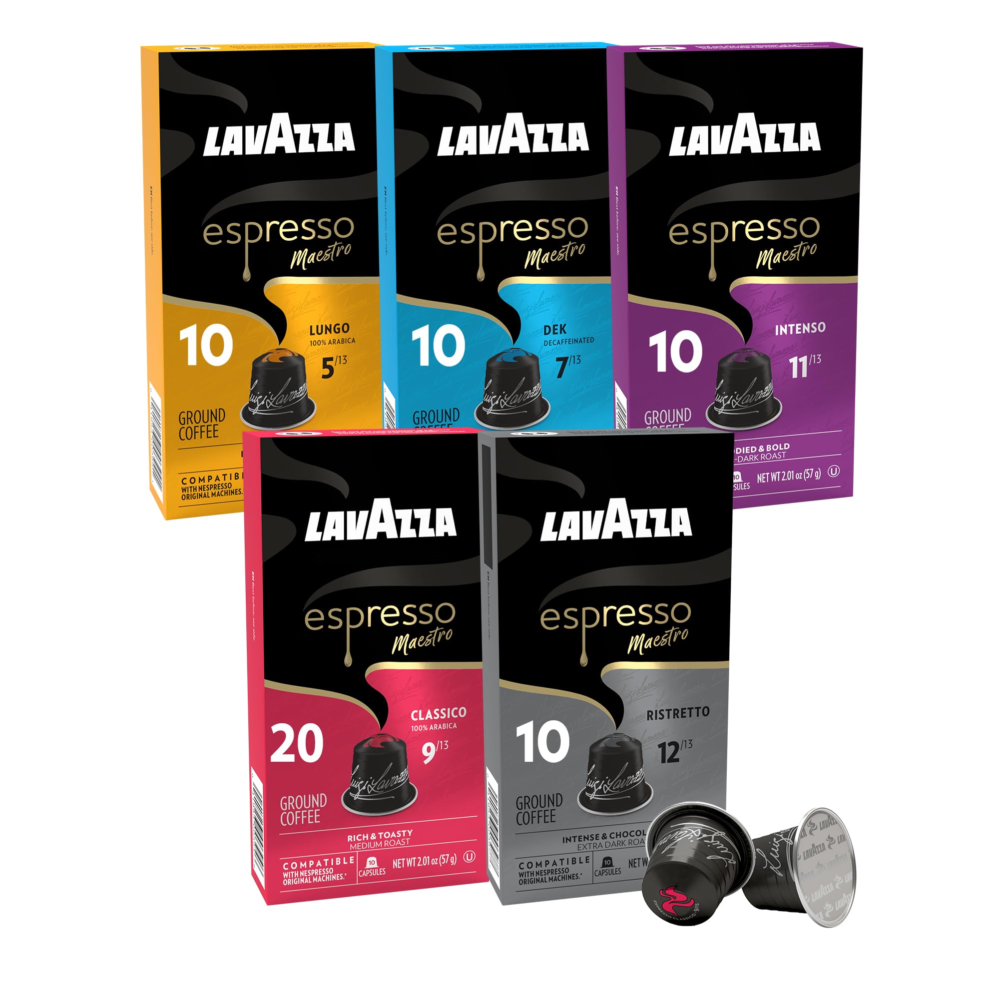 Lavazza Armonico espresso pods shown in a display, ideal for quick morning rituals.