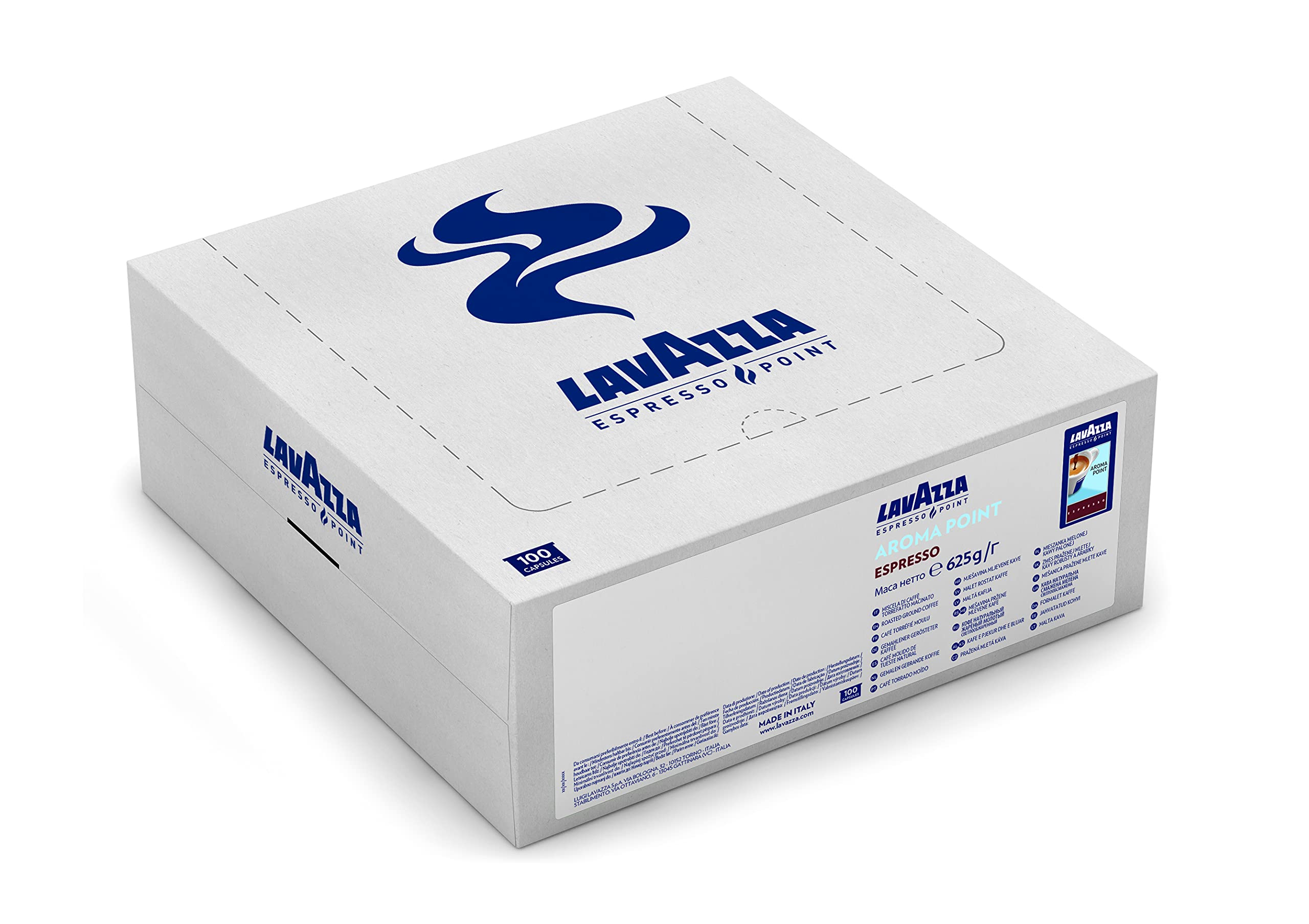 Lavazza Aroma Point packaging on display with ready-to-use capsules