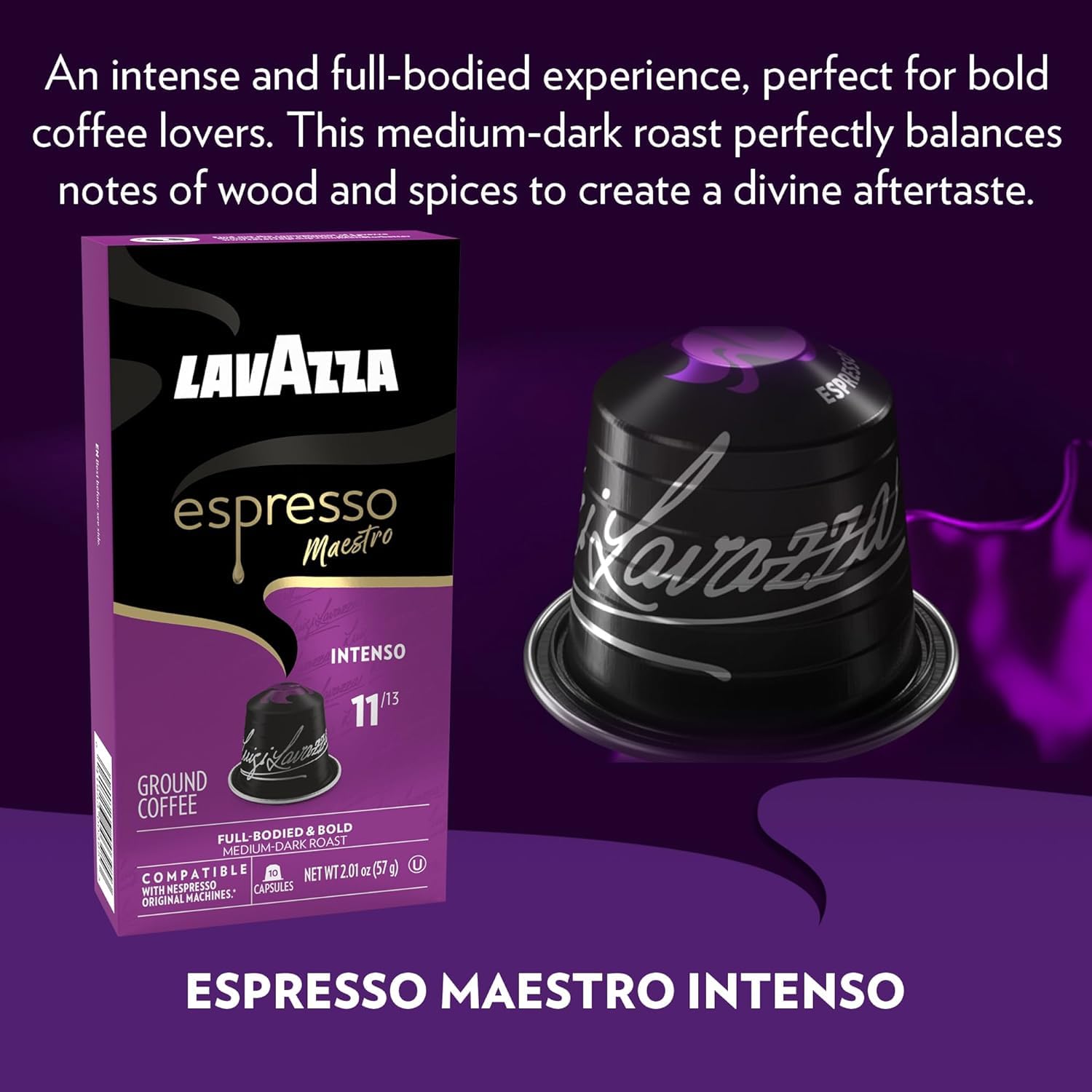 Lavazza Avvolgente Lungo pods with cocoa and spice hints for a longer cup.