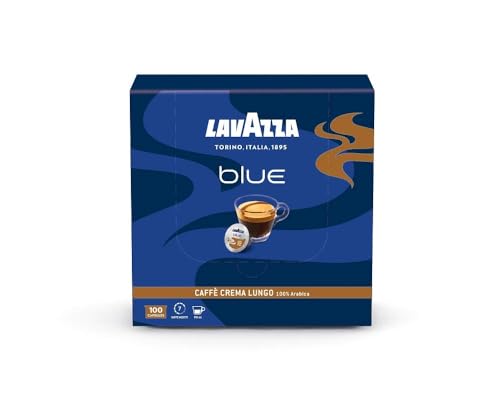 Lavazza BLUE Caffe Crema Lungo capsules beside a machine for fast, aromatic coffee