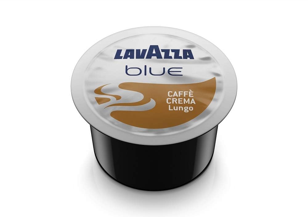 Lavazza BLUE Caffe Crema Lungo capsules on a kitchen counter for quick espresso