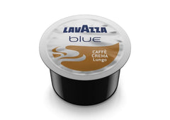 Lavazza BLUE Caffe Crema Lungo capsules on a kitchen counter for quick espresso