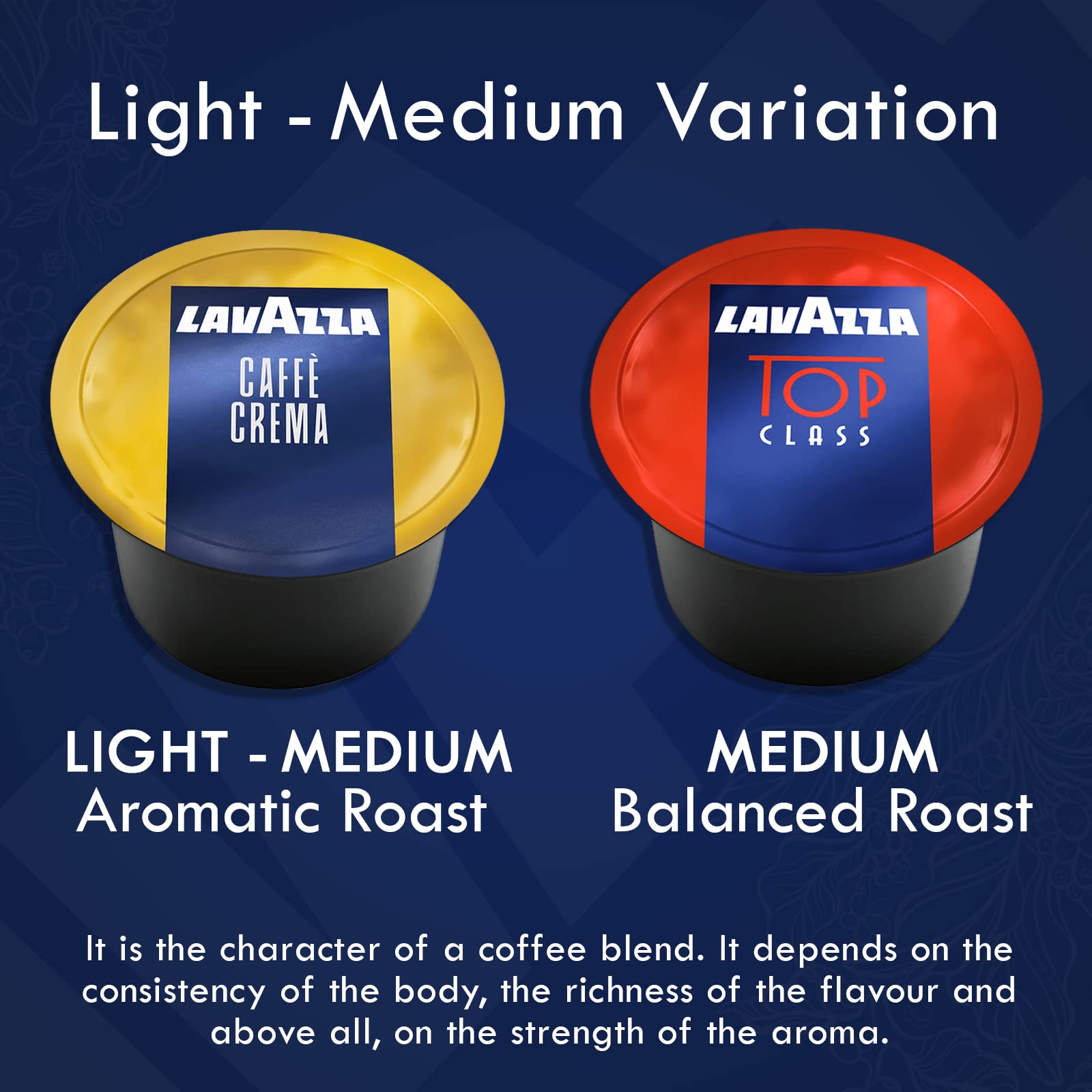 Lavazza Blue capsules closeup aroma highlight rich notes and inviting crema.