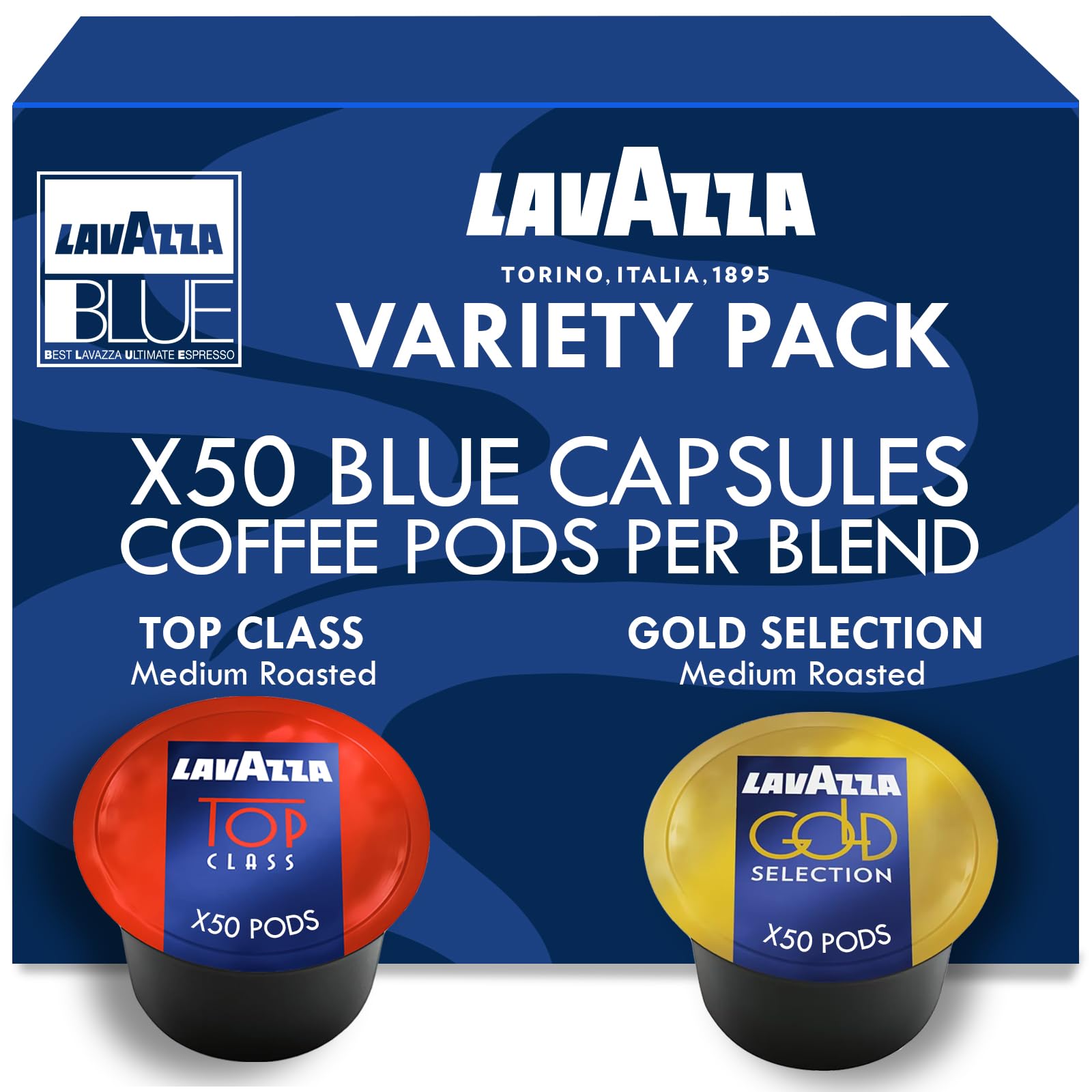 Lavazza Blue Top Class capsules packaging showing bold espresso flavor for daily use