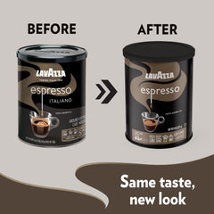 Lavazza Caffe Espresso Ground Coffee label packaging reveals 100% Arabica, non-GMO origin