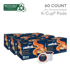 Lavazza Caramel Biscotti coffee pouring into a cup, capturing warm biscotti notes.