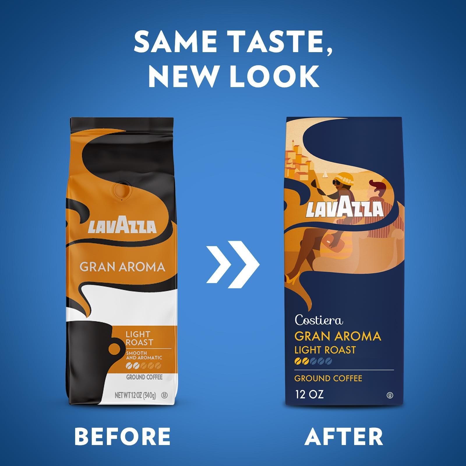 Lavazza Costiera Gran Aroma 12oz bag close-up highlighting light roast aroma