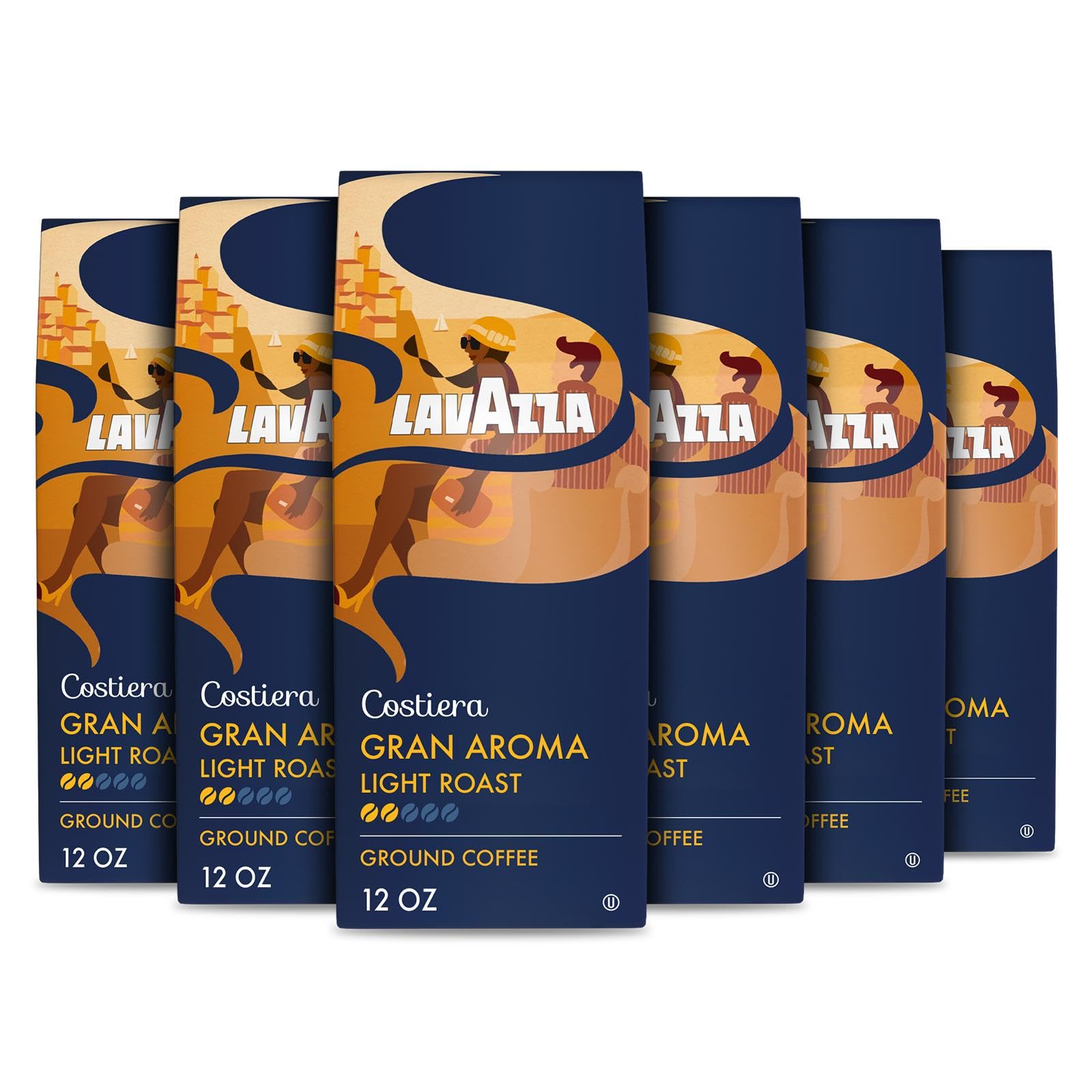 Lavazza Costiera Gran Aroma pack shot showing six 12oz bags for drip brewers