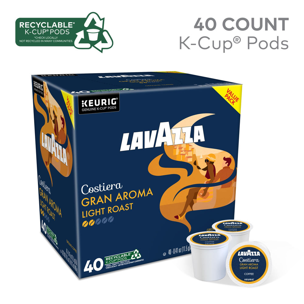 Lavazza Costiera Gran Aroma pod close-up shows the floral aroma for morning ritual.