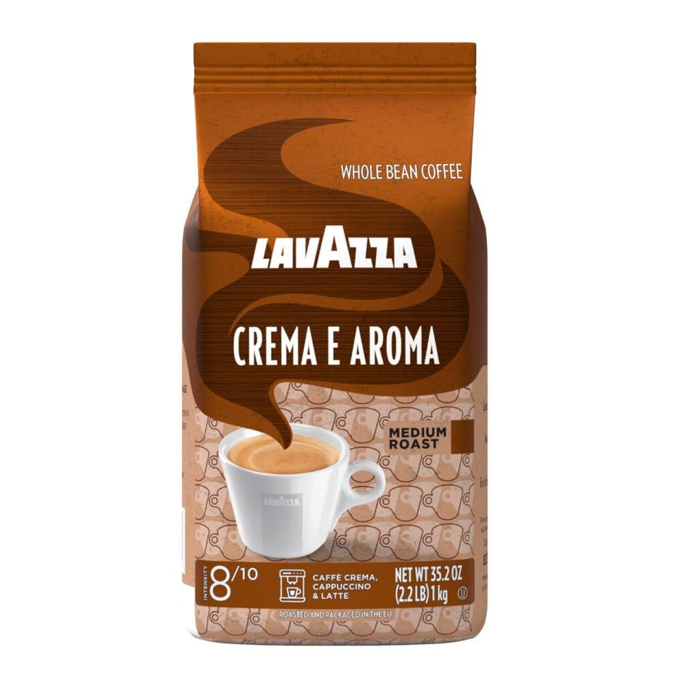 Lavazza Crema e Aroma whole-bean bag on the counter, ideal for espresso.