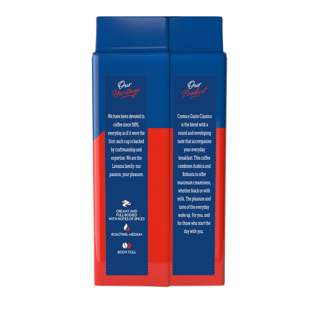 Lavazza Crema e Gusto ground coffee bag close-up shows premium packaging.