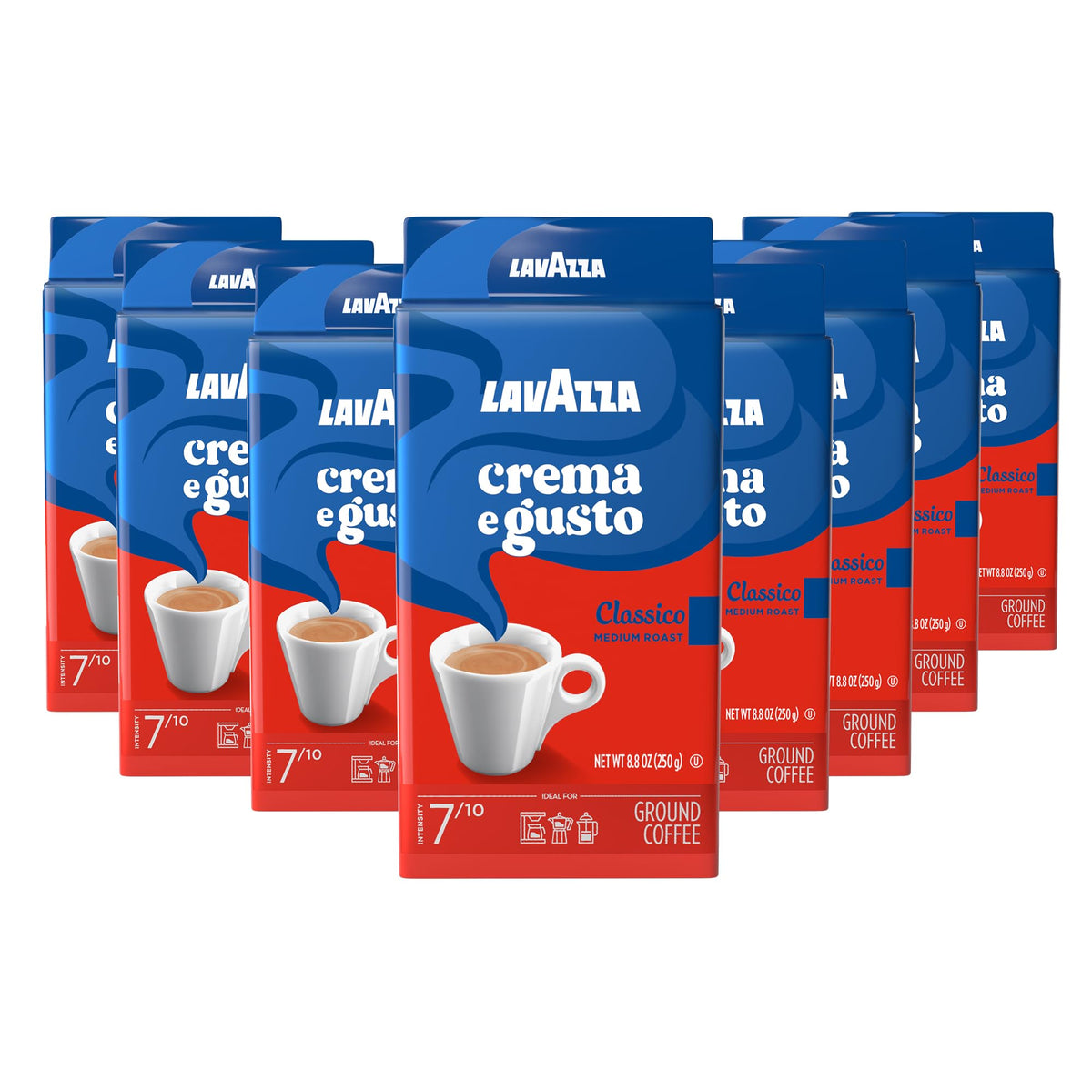 Lavazza Crema e Gusto ground coffee close-up showing rich texture for a balanced cup.