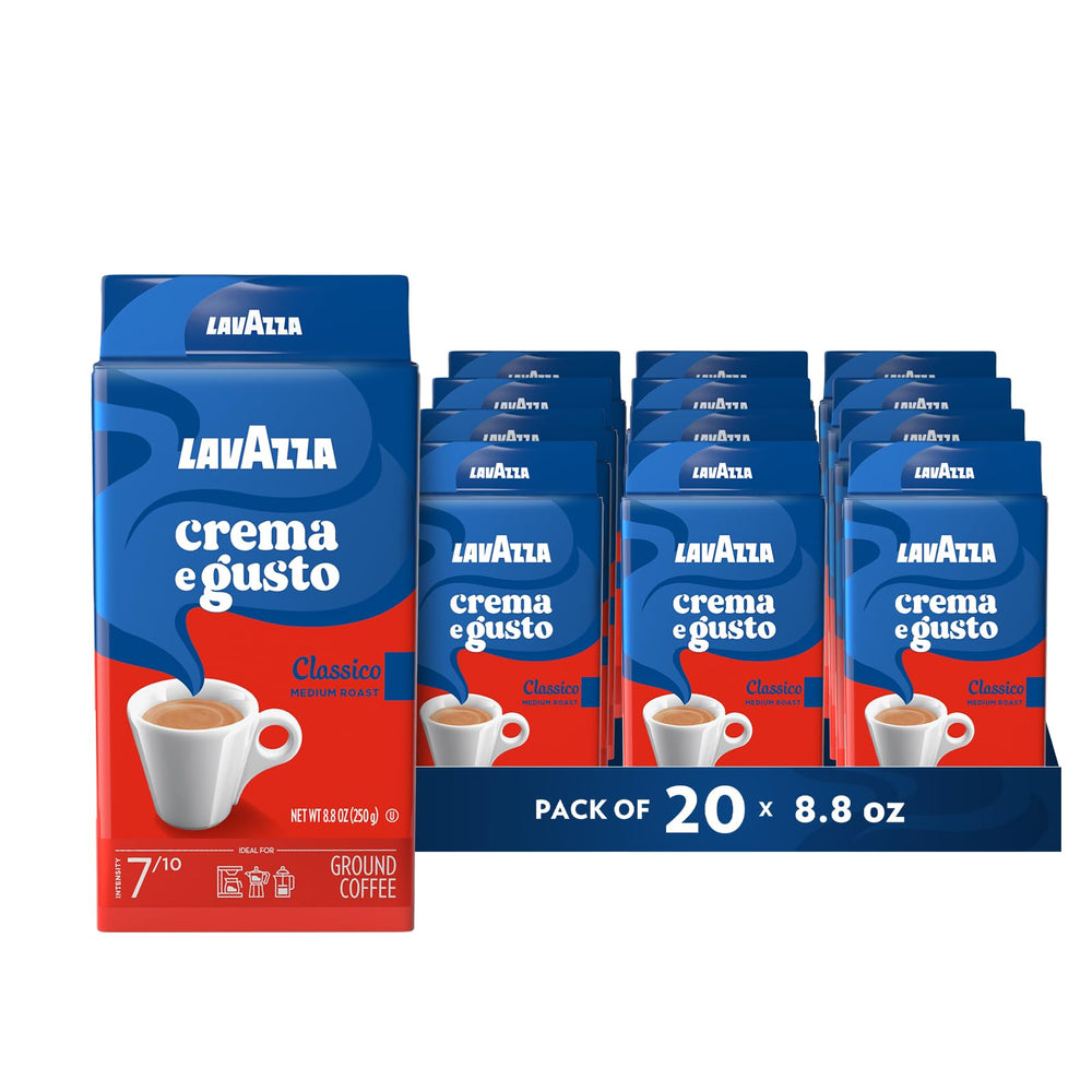 Lavazza Crema e Gusto ground espresso bricks packaging displaying 20-pack case.