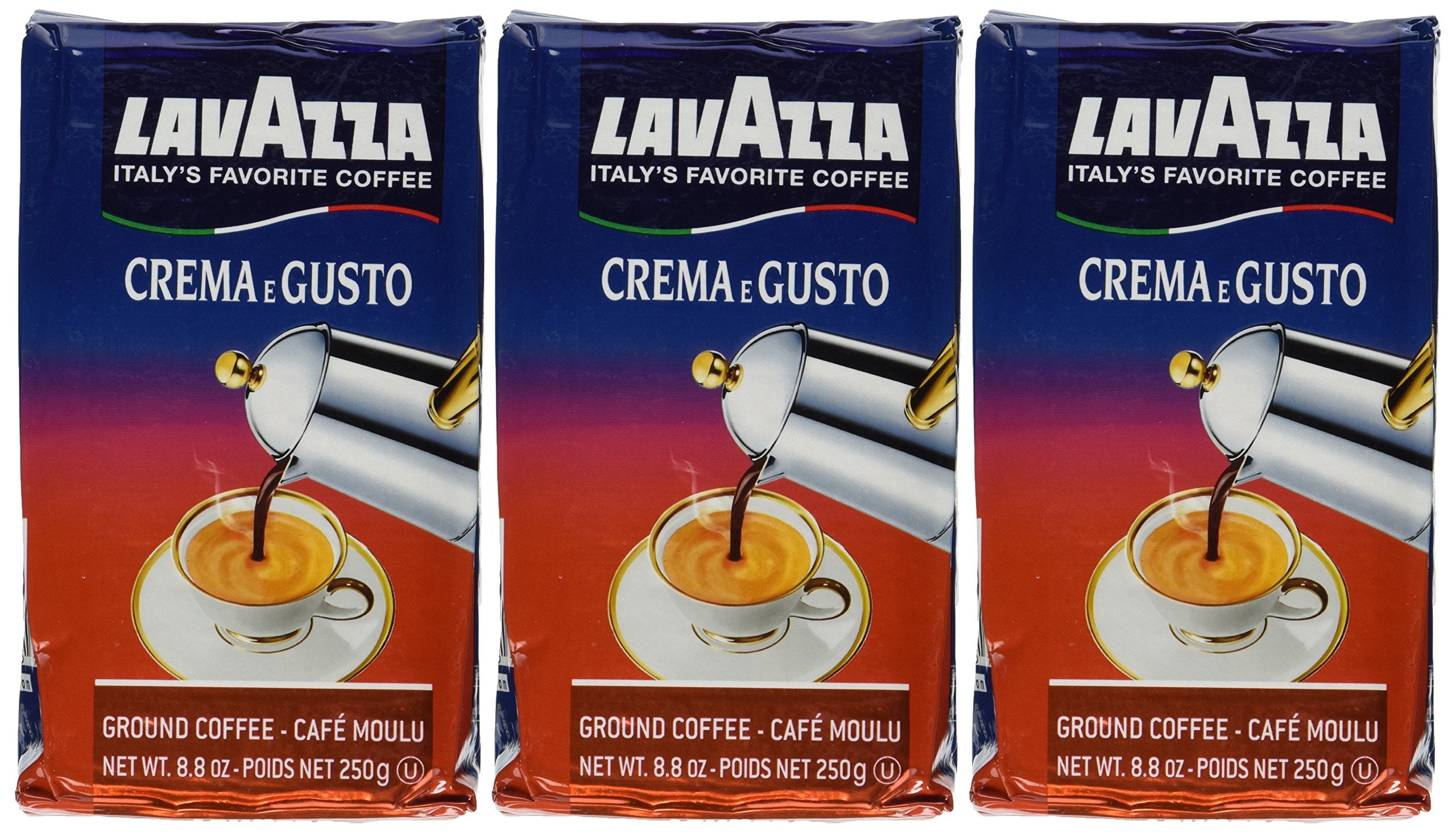 Lavazza Crema e Gusto pack3 8oz ground coffee bricks, ideal for rich drip or French press.