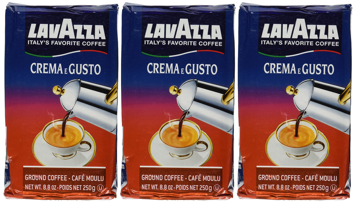 Lavazza Crema e Gusto pack3 8oz ground coffee bricks, ideal for rich drip or French press.