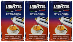 Lavazza Crema e Gusto pack3 8oz ground coffee bricks, ideal for rich drip or French press.