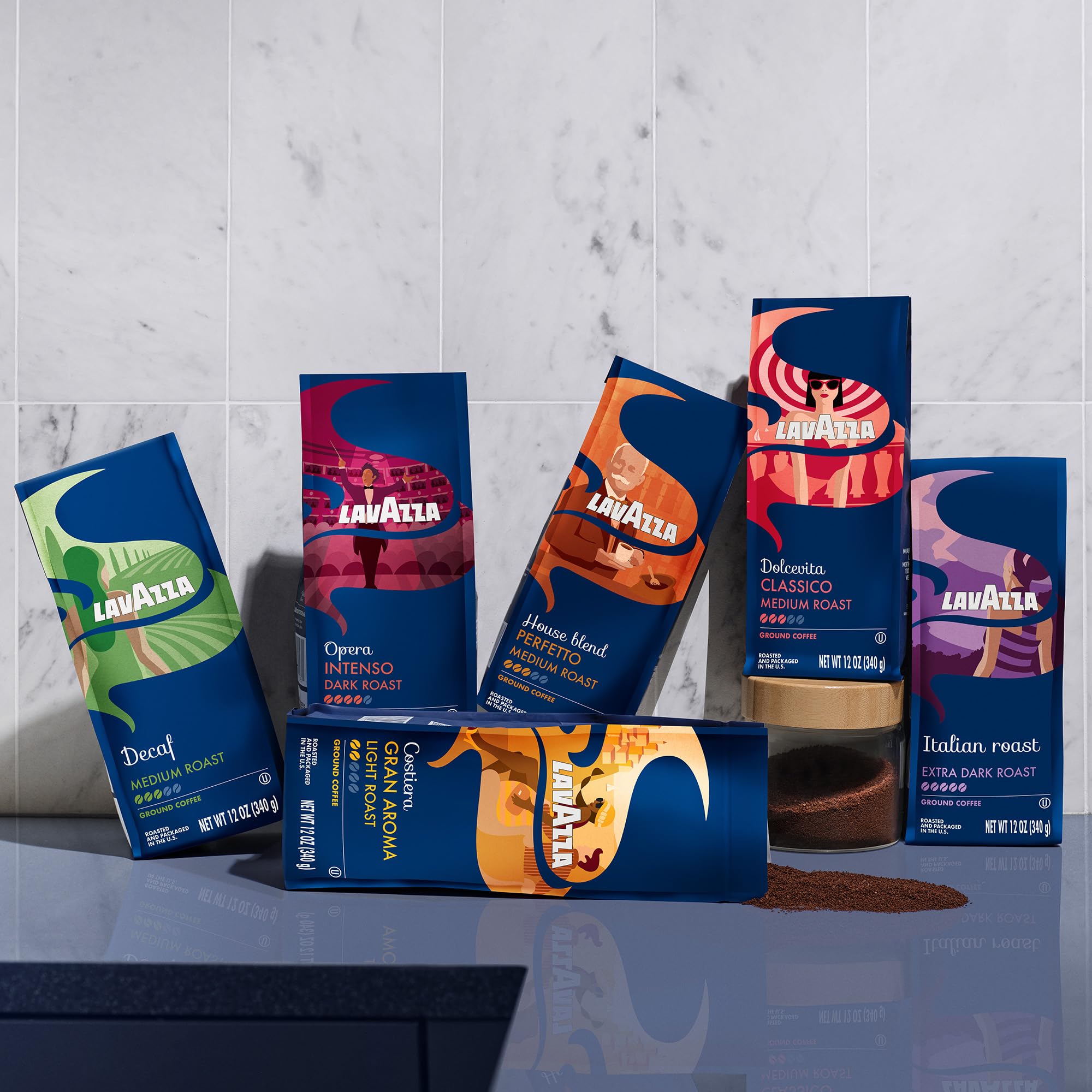 Lavazza Decaf Ground Coffee packaging shows a 12 oz bag.