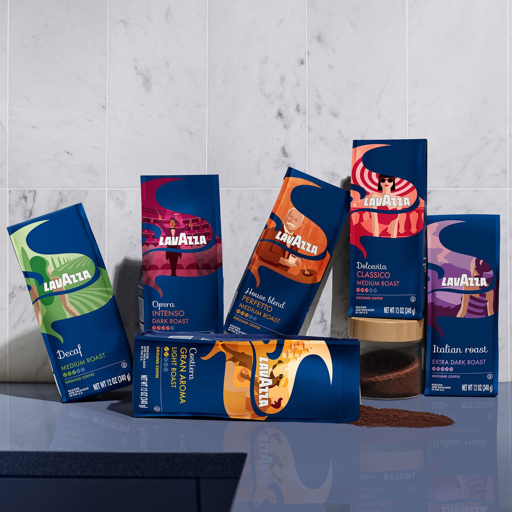 Lavazza Decaf Ground Coffee packaging shows a 12 oz bag.