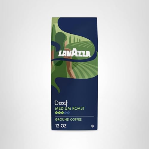 Lavazza Decaf Ground Coffee bag highlights a smooth finish.