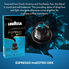 Lavazza Decaffeinato Ricco pods with cereals and dried fruit aroma for a decaf option.