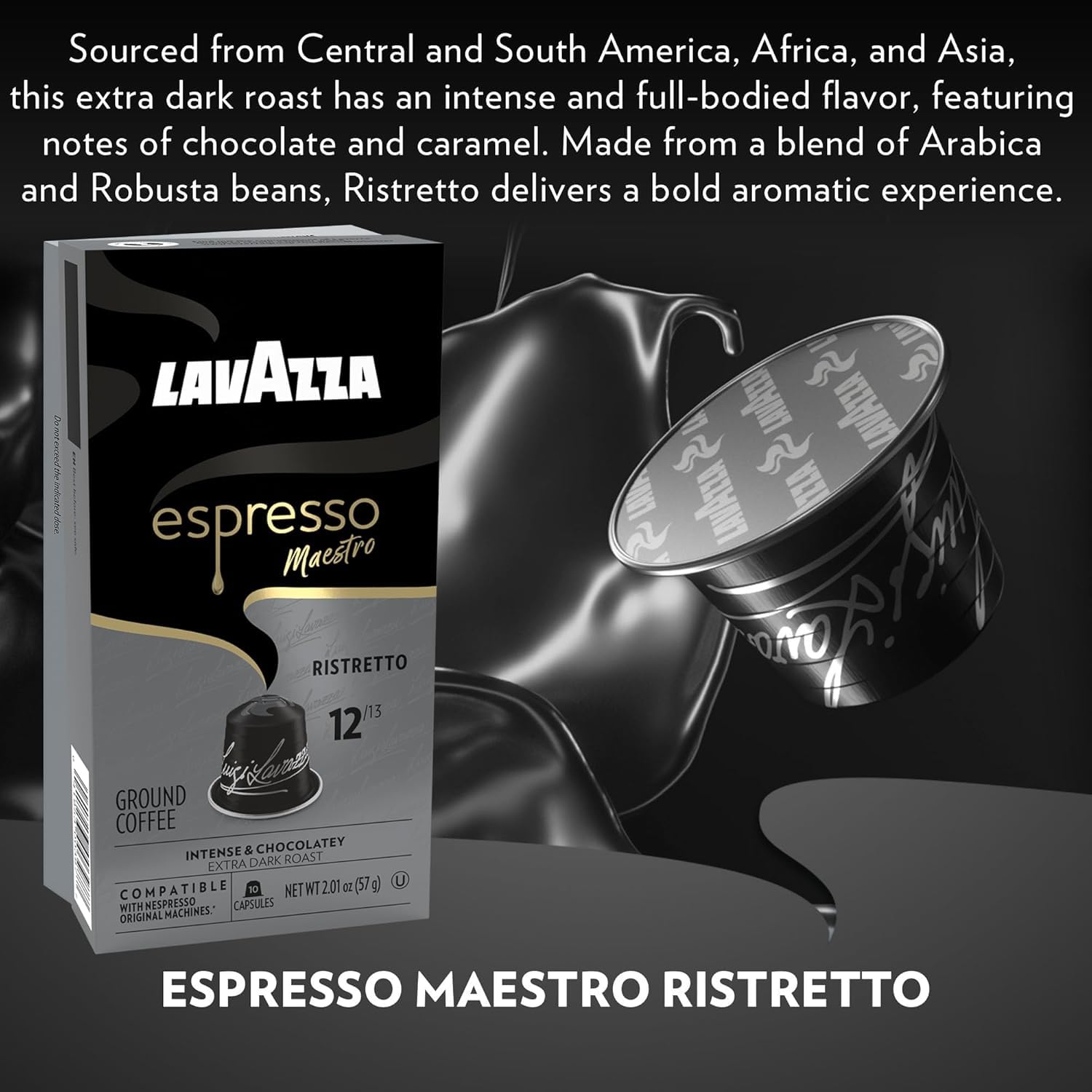 Lavazza Deciso Espresso pods with cocoa and wood notes for a bold finish.