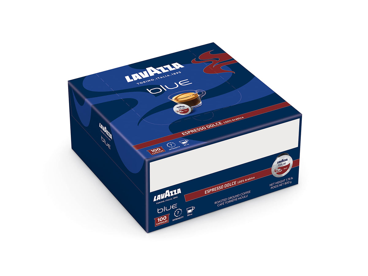 Lavazza Dolce 100 Arabica espresso capsule packaging showcasing premium blend for home baristas.