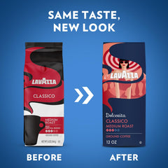 Lavazza Dolcevita Classico ground coffee bags highlighting aroma and richness