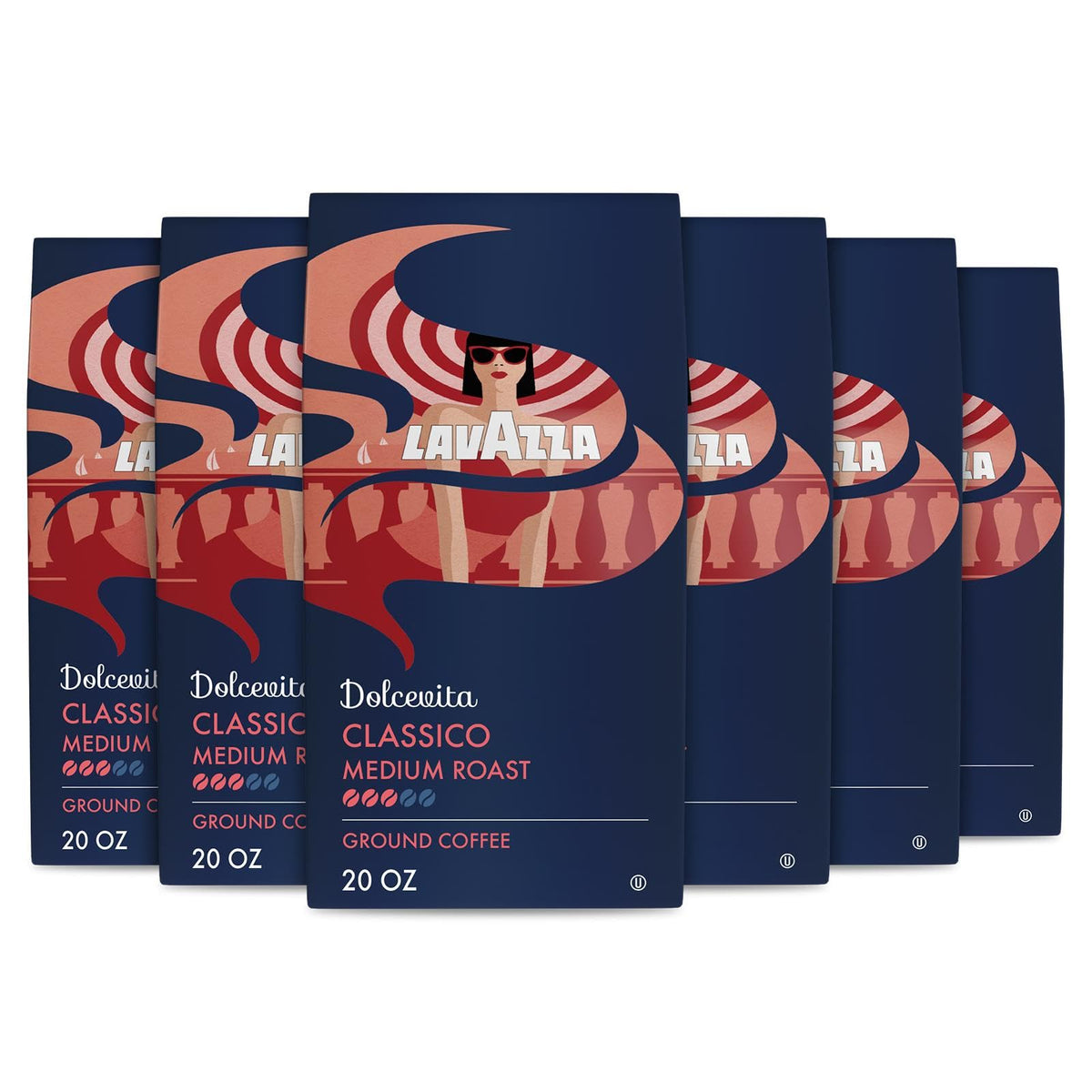 Lavazza Dolcevita Classico ground coffee pack with six 20oz bags for drip brewers.