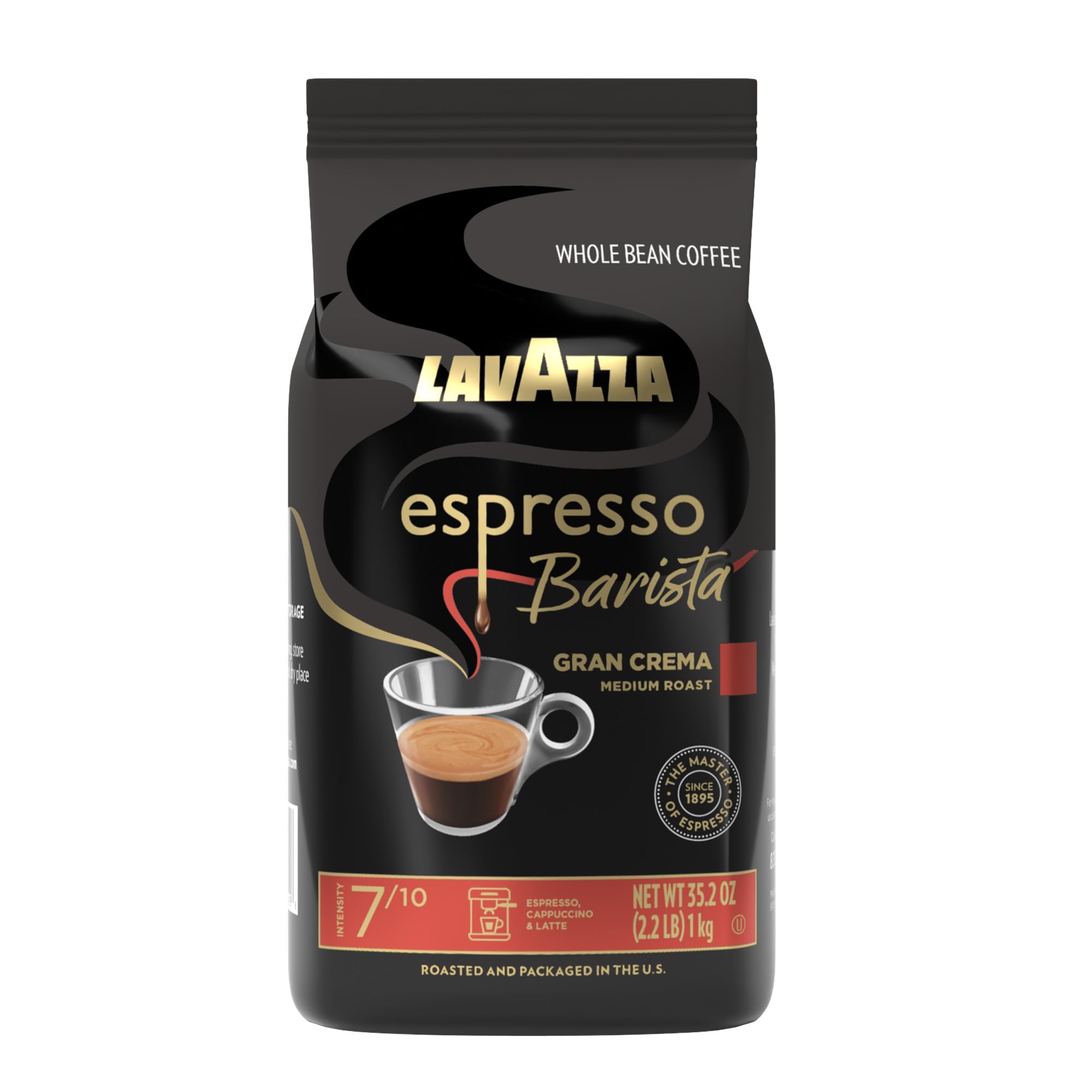 Lavazza Espresso Barista Gran Crema whole-bean bag for premium home brewing.
