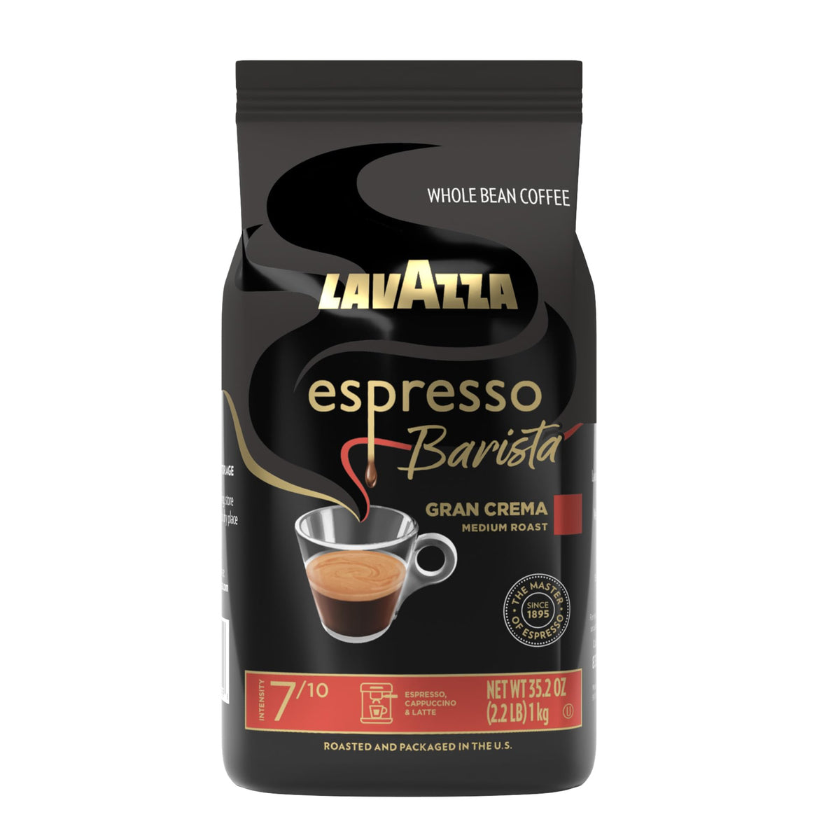 Lavazza Espresso Barista Gran Crema whole-bean bag for premium home brewing.
