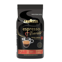 Lavazza Espresso Barista Gran Crema whole-bean bag for premium home brewing.