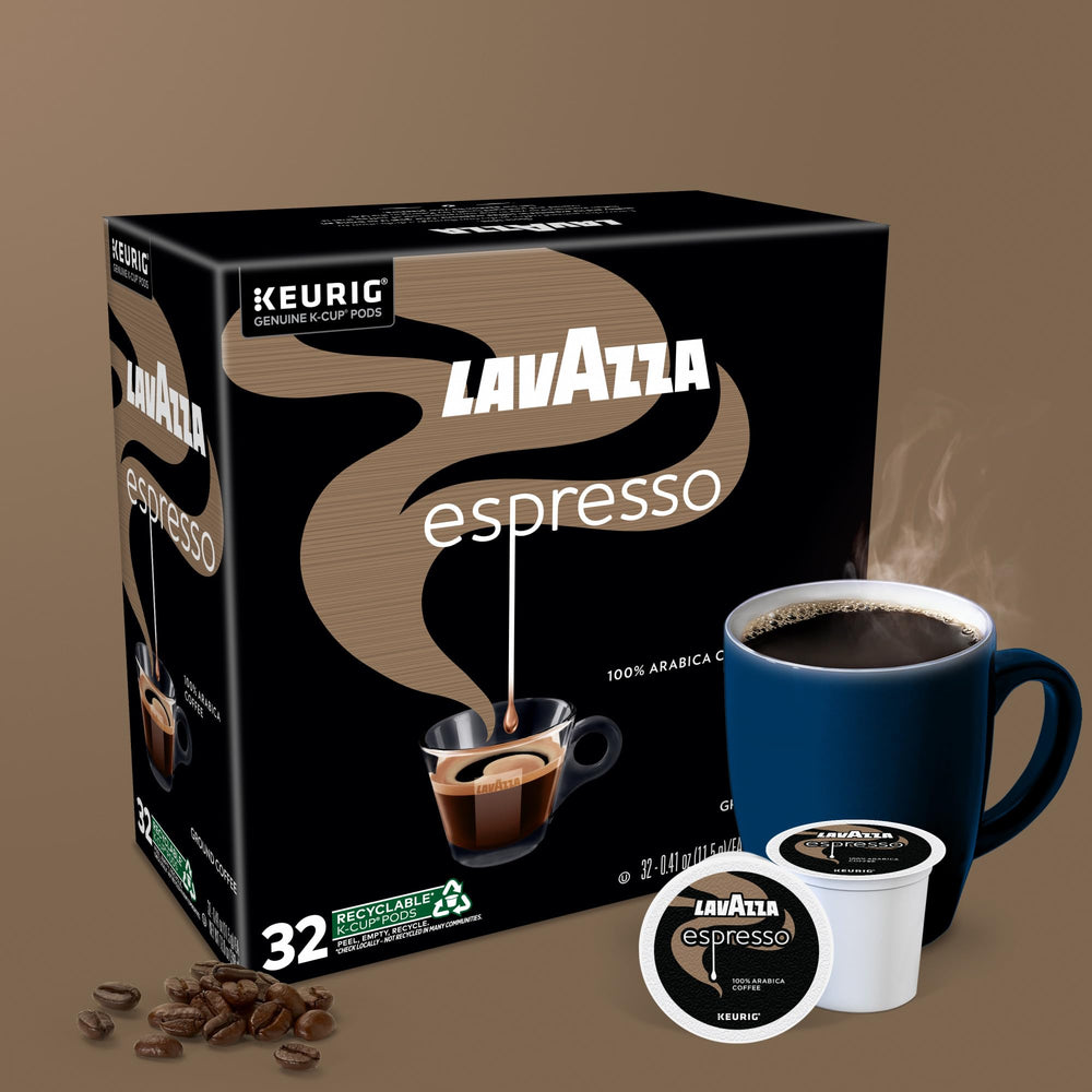 Lavazza Espresso beans arabica close-up hints balanced, premium flavor.
