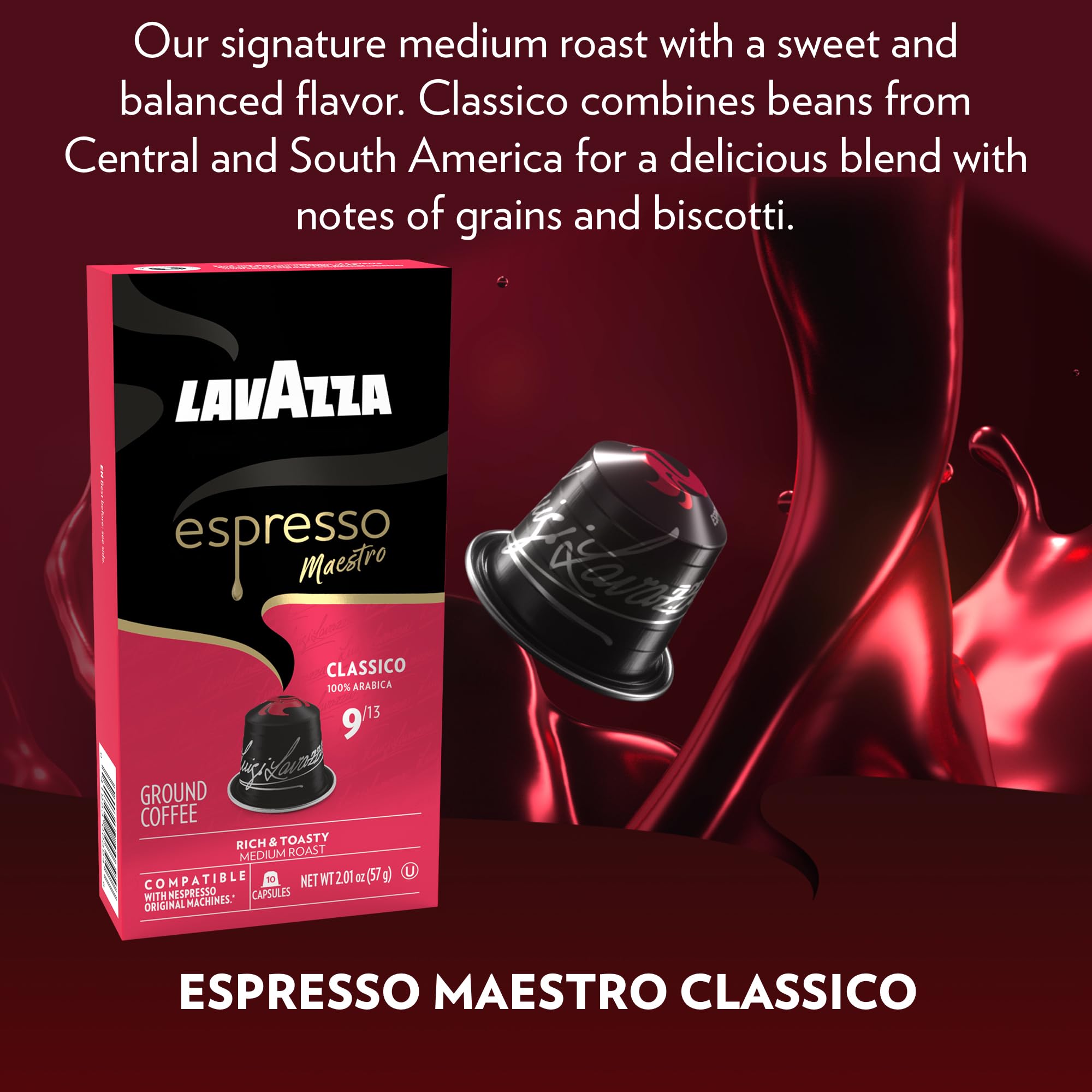 Lavazza Espresso Classico capsules on tabletop display ready for brewing.