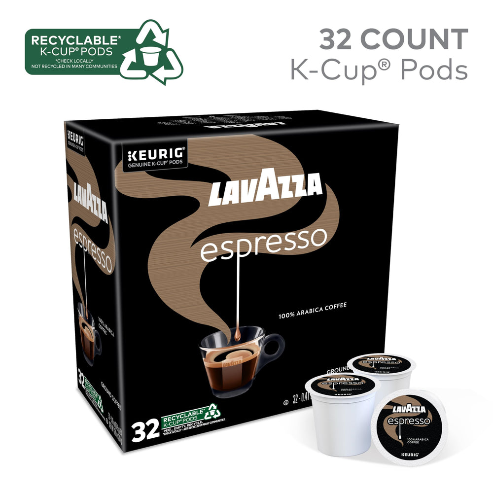 Lavazza Espresso pods closeup of Arabica beans highlighting high-quality coffee.
