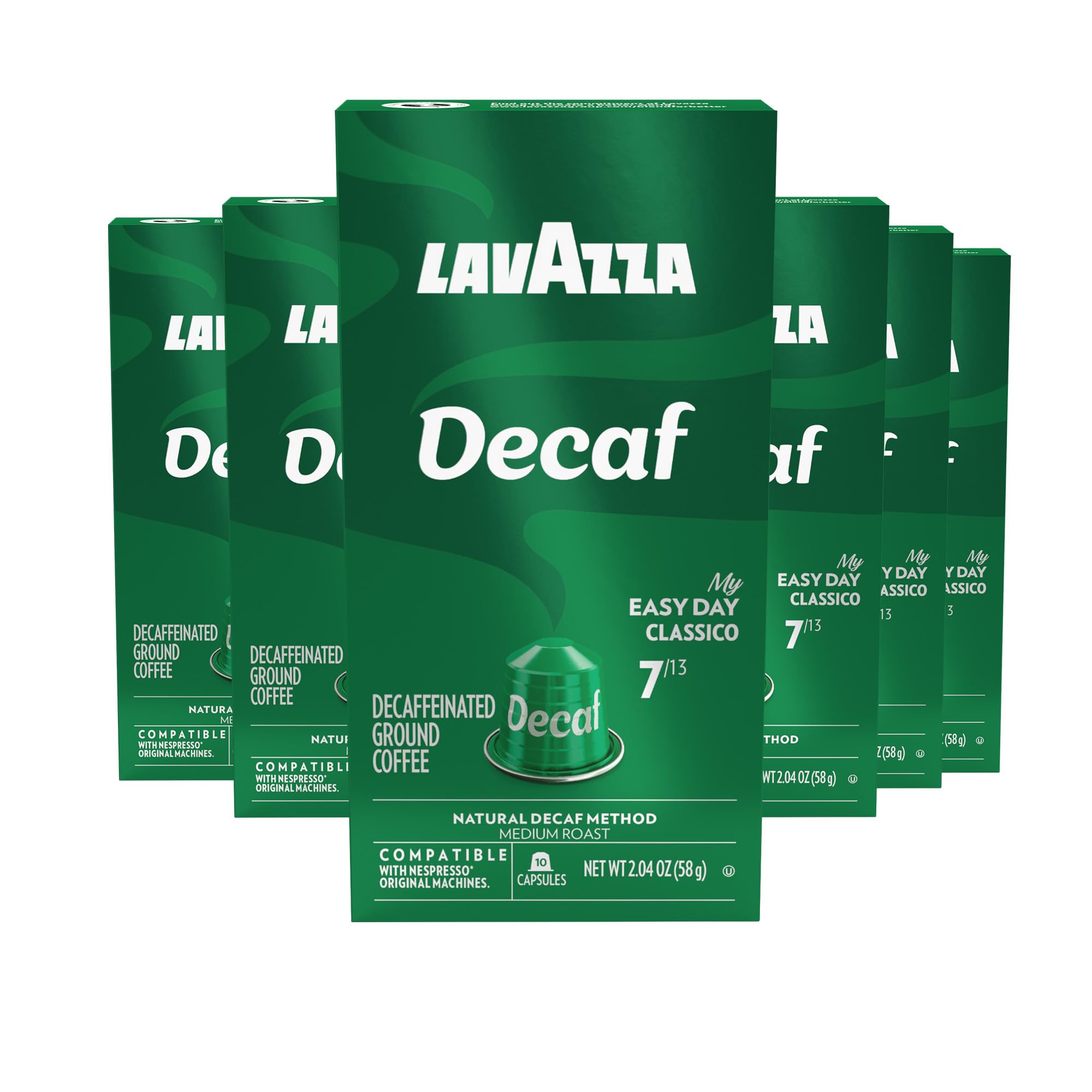Lavazza Espresso Maestro DEK capsules close-up for convenient decaf espresso at home.