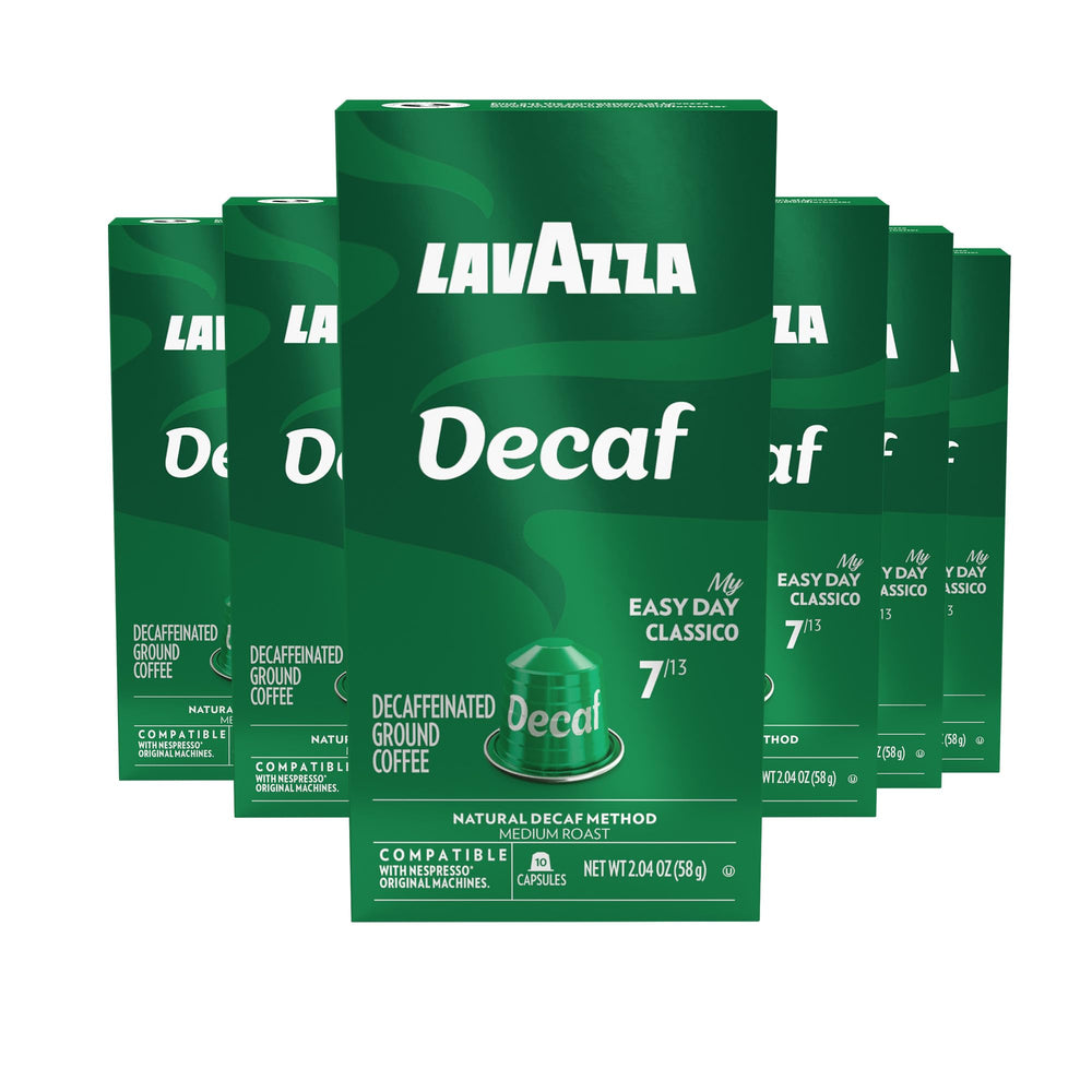 Lavazza Espresso Maestro DEK capsules close-up for convenient decaf espresso at home.