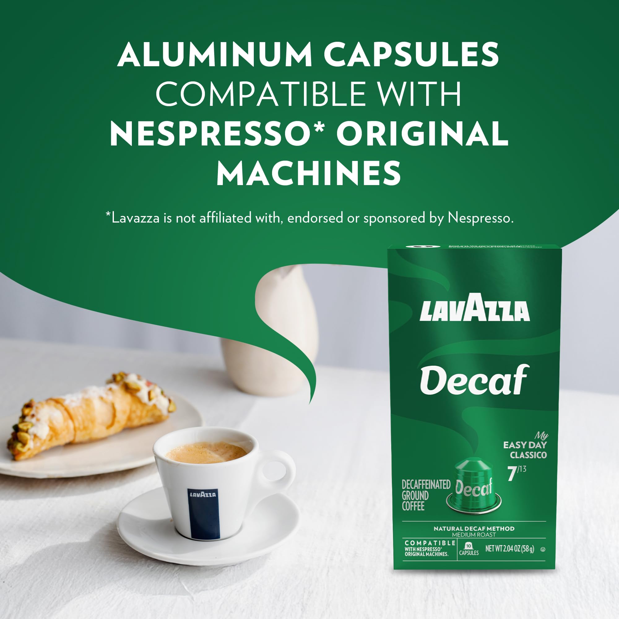 Lavazza Espresso Maestro DEK medium roast with 7/13 intensity.