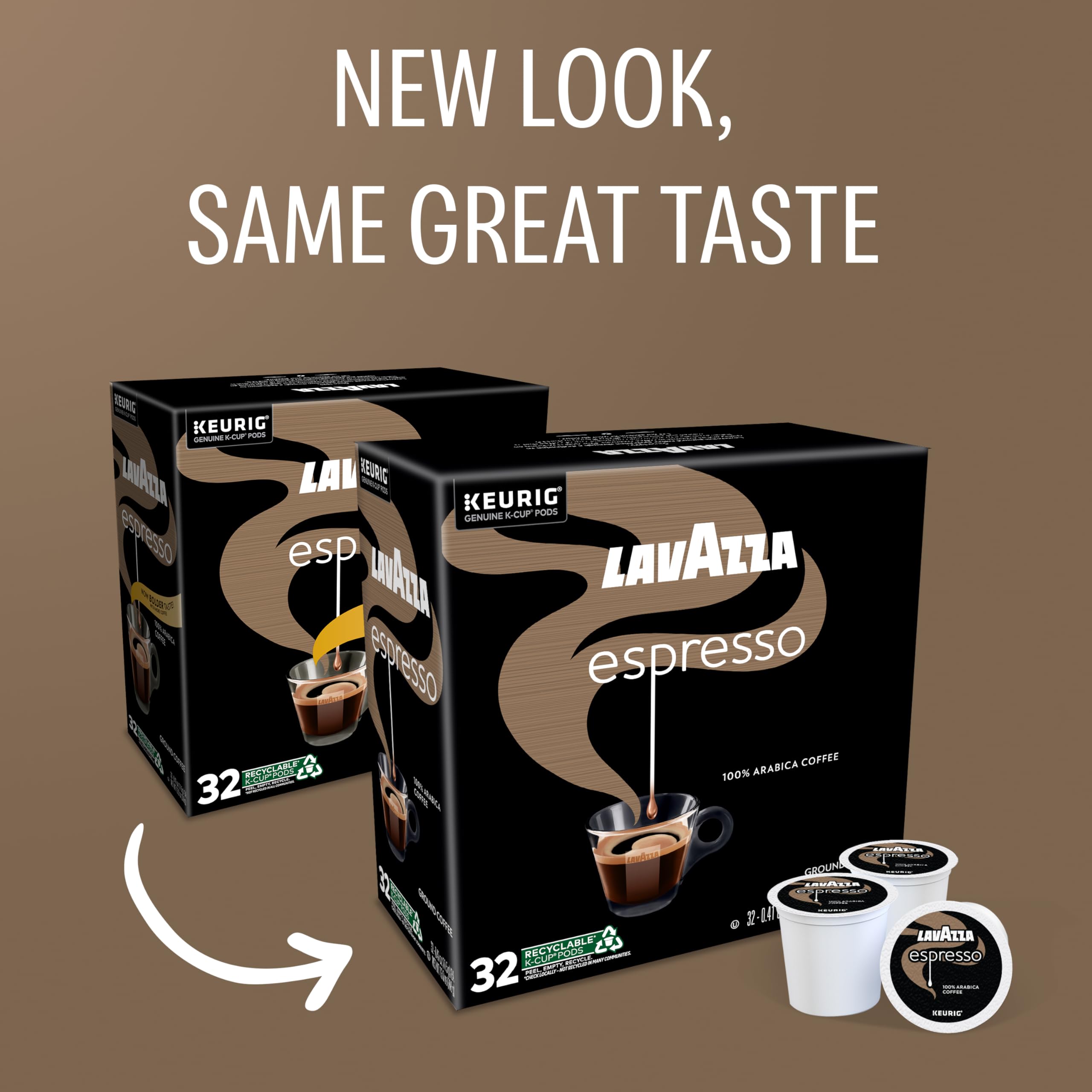 Lavazza Espresso packaging box showcasing 32 pods and sustainable sourcing story.
