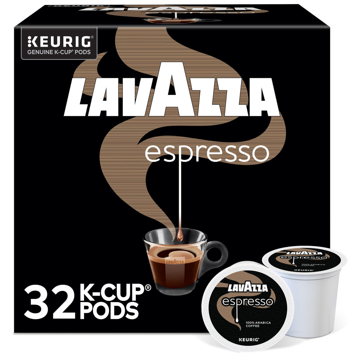 Lavazza Espresso pods on the box front offer quick, authentic espresso at home.