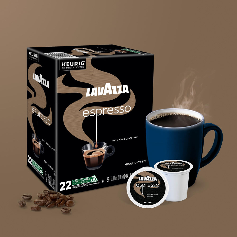 Lavazza espresso pods four packs of 22 packaging for convenient stocking.