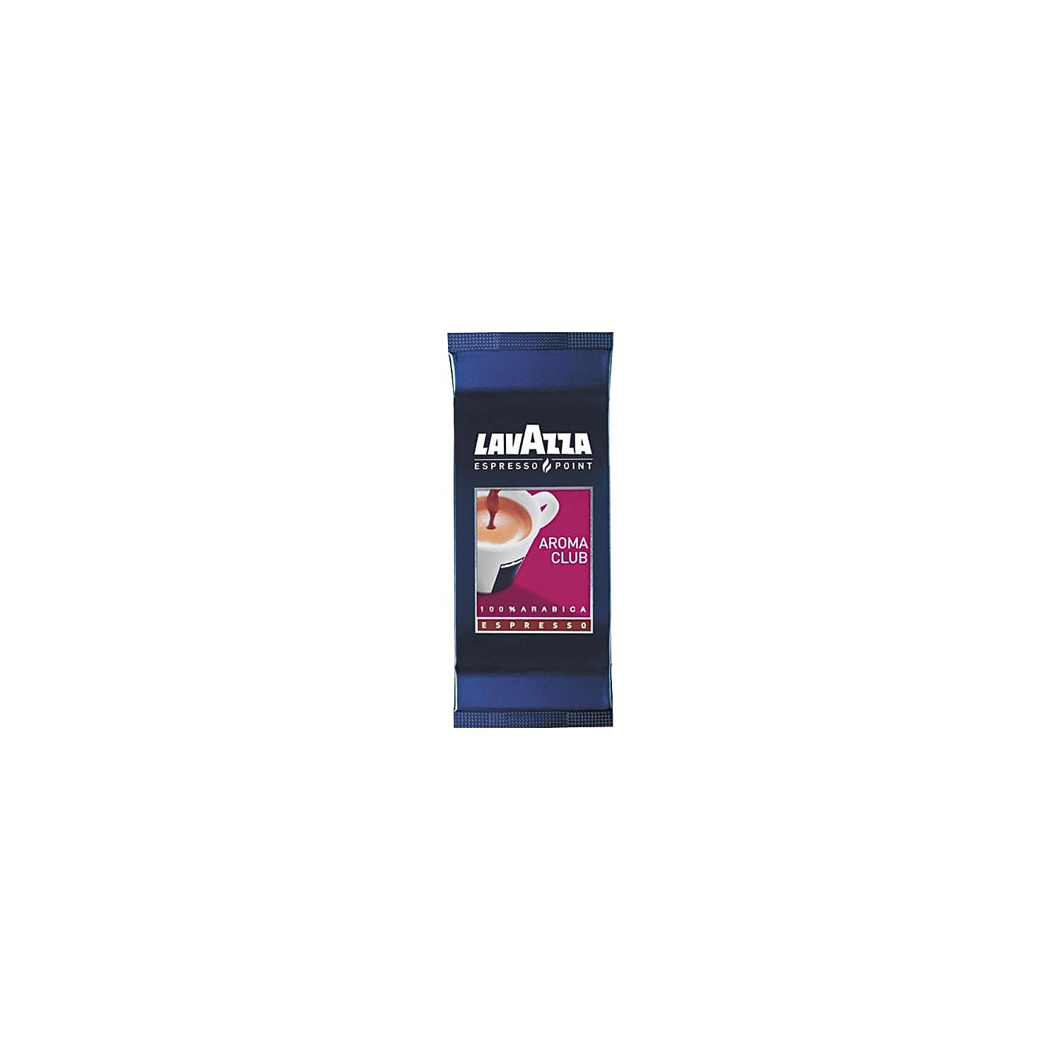 Close-up of Aroma Club capsule showing 100% Arabica blend for Lavazza Point.