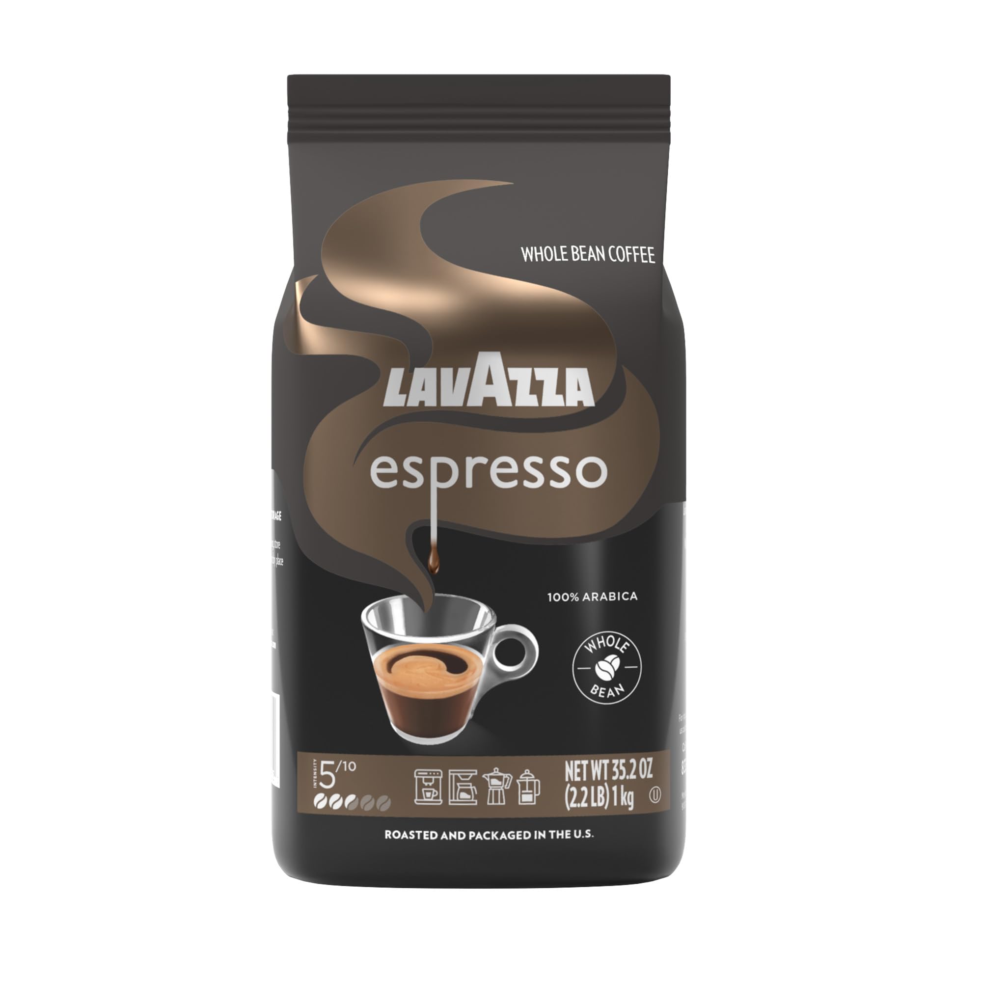 Lavazza Espresso whole bean bag front view, ready for grind and aroma