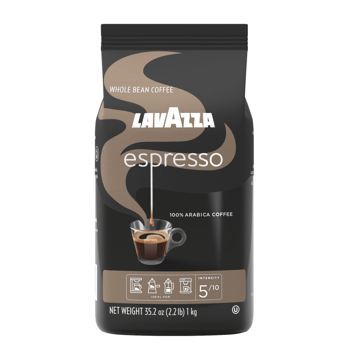 Lavazza Espresso whole bean coffee bag; 2.2 lb, ideal for fresh-ground mornings.